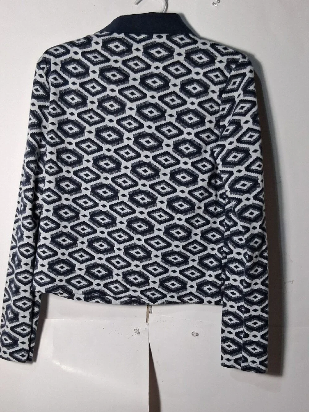 Zara Navy and White Geometric Long Sleeve Polo